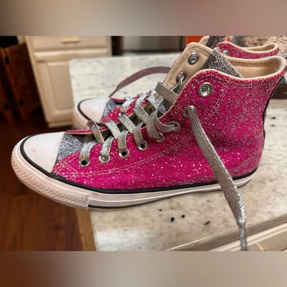 Glittery Pink and Silver High-Top Sneakers - Picture 2 of 4